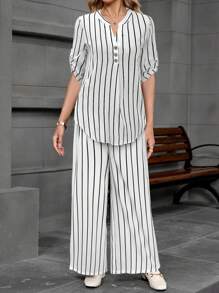 EMERY ROSE Women's Striped Two-Piece Set: Casual V-Neck Shirt And Wide Leg Pants Set