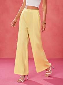 EBIB 设计师淡黄色高腰阔腿西装裤女士休闲裤，春夏季，办公室女士裤子，奶油黄色女士工作裤，黄油黄色裤子