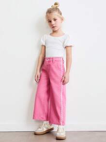 THE HAPPY LOOK Young Girls Loose Fit Embroidered Straight Leg Pink Casual Jeans, Autumn/Winter