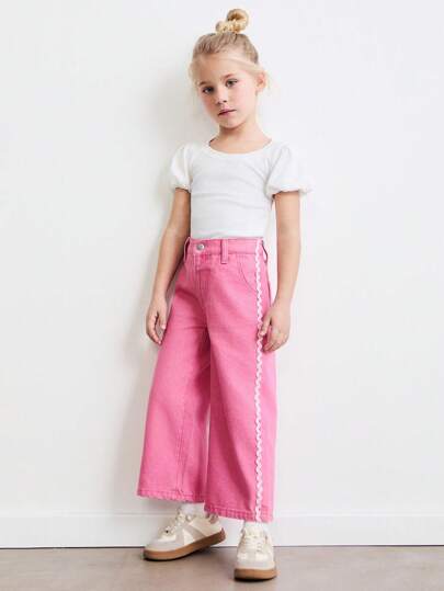 SHEIN Leap Crew 年轻女孩宽松刺绣直筒粉色休闲牛仔裤，秋冬