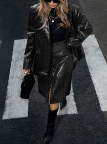 Aveloria Modichic New Elegant Casual Crocodile Print PU Blazer Jacket And Midi Skirt Set, Business Commuting Outfit For Women, Autumn