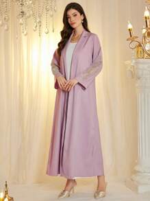 Al Najma Elegant Long Sleeve Casual Embroidered Studded Blazer Abayas - Pink - View 5