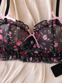 ملابس علوية خروج شفاف مزخرف بطباعة زهور مثير وريفي بتطريمات كشكشة، صدرية دانتيل نصف كأس للنساء، لون أسود، مناسب للمهرجانات الموسيقية والحفلات والتجمعات