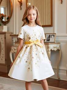 O novo vestido de manga curta com gola redonda e estampa digital para pré-adolescentes, combinado com cinto de laço, já está no mercado. É confortável, moderno, elegante, doce e fofo, no estilo de uma princesa ou socialite, e é um look essencial para passeios diários. - Multicolorido - Ver 9