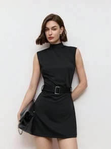 BizChic 女士黑色通勤圆领无袖金属腰带装饰迷你连衣裙，春夏