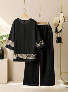 Lacomfia Elegancki styl okrągły dekolt haftowana siateczka patchwork duży rozmiar 2 częściowy zestaw