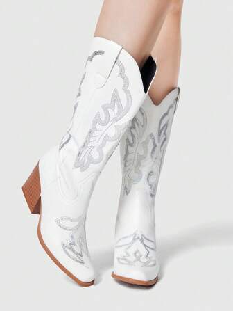 Fairycore Women's White Cowboy Boots, Elegant Classic Outdoor Casual Fashion Slip-On Sequin Embroidered Western Mid-Calf Boots, Spring/Autumn