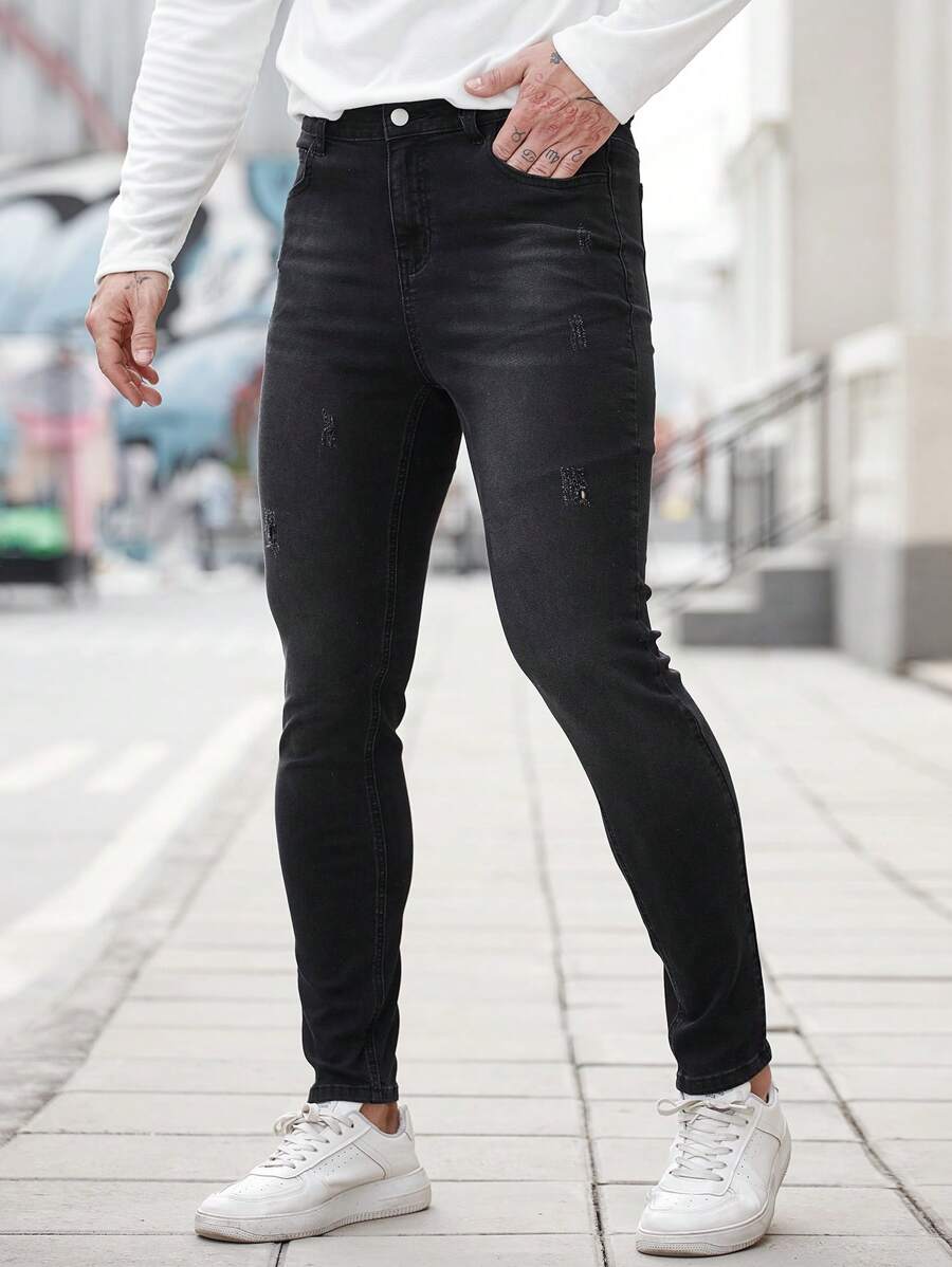 Manfinity Homme Men's Black Skinny Distressed Jeans - Black - View 1