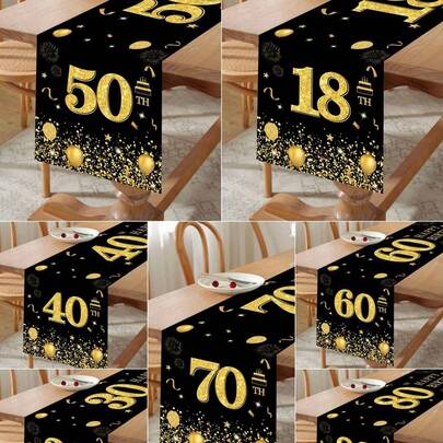 SHEIN 1Pc 35*180Cm Black Hot Stamping 18 Years 30 Years 40 Years 50 Years 60 Years 70 Years 80Th Birthday Tablecloth, Black Gold Balloon Theme 18Th Birthday 30Th Birthday 40Th Birthday 50Th Birthday 60Th Birthday 70Th Birthday 80Th Birthday Party Gift Decorative Supplies, Birthday Home Decoration Room Decoration Polyester Tablecloth Decoration, Birthday Decoration Tablecloth, Birthday Gift, Party Favor