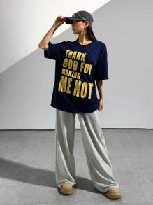 StreetHx 女士休闲宽松口号印花短袖 T 恤