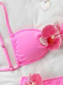 Swim Mod 粉色花朵单肩 2 件套比基尼套装，夏季新款泳衣，节日波西米亚风 - 粉色 - 查看 3