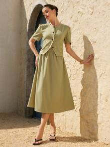 Aveloria EMERY ROSE Women 2 Pieces Set - Loose Fit Round Neck Puff Sleeve Top + High-Waist A-Line Midi Skirt, Commuting Chic Style Old Money Style For Summer - Green - View 6