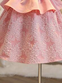 SHEIN Tween Girl 薄纱提花 A 字形连衣裙，鸡心领泡泡袖，褶皱腰身，喇叭裙，适合情人节、婚礼、生日派对的特殊场合连衣裙 - 粉色 - 查看 5