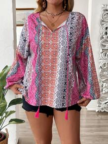 Breezaya Blusa de talla grande con estampado floral bohemio y lazo con flecos adelante