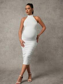 MaterniChic Maternity Solid V-Neck Sleeveless Slim Fit Long Dress
