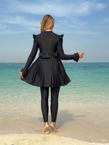 SHEIN Swim Mulvari Women's New Modest Two-Piece Swimsuit With Ruffle Design, Long Sleeve Round Neck Top And Long Pants, Conservative Style, For Summer Beach Vacation