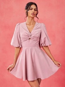 EBIB Designer Pink Front Twisted Wrap Cut Out Back Dress Summer Elegant Sun Dress, Wedding Season, Festival For Women, Concert,Vacation, Concert Outfit Prom Dress Rave Outfit