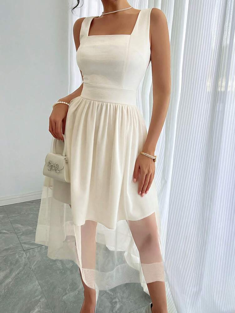 Women's Satin Prom Party Dress With Waist Cinching, Sheer Mesh Panel Hem And Spaghetti Straps, A-Line Silhouette Prom Dress Sundress,Casual Women Dresses