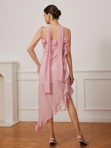 Aveloria Rosie Elegant Vacation Sexy Spaghetti Strap Ruffled Flare Design Waist Accentuating Chiffon Transparent Asymmetrical Hem Dress In Pink   Old Money Style For Summer