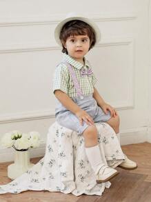 SHEIN 2 件套男婴格子连体裤搭配蝴蝶结衬衫和吊带短裤绅士装，蓝色和紫色 - 彩色 - 查看 5