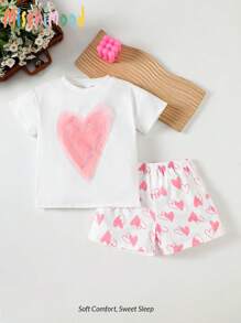 2pcs/Set Girls' Valentine's Day Heart Mesh Decor Cute Sweet Pink 3D Heart Short Sleeve Top And Heart Print Shorts Set - Multicolor - View 1