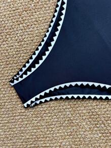 SHEIN Swim Đồ bơi một mảnh viền đen trắng cổ chữ V tua rua gợi cảm thanh lịch, trang phục đi biển cho phụ nữ, cho kỳ nghỉ hè - Đen và trắng - Xem 8