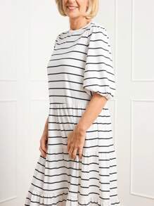 SHEIN LUNE Casual Striped Print Bubble Split Hem Mid-Sleeve Patchwork Dress For Women, Spring/Summer - Black and White - View 6