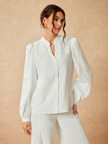 Oxana Designer Business Casual White Embroidery Lace Appliques Buttons Long Sleeves Buttoned Cuffs Notched Collar Blouse Festival Ramadan, Office - White - View 6