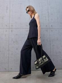 Ontre 2 件女式针织牛仔效果弹力无袖上衣和阔腿裤套装，前拉链短款背心荷叶边下摆，办公室/休闲装，春夏 - 藏蓝色 - 查看 8