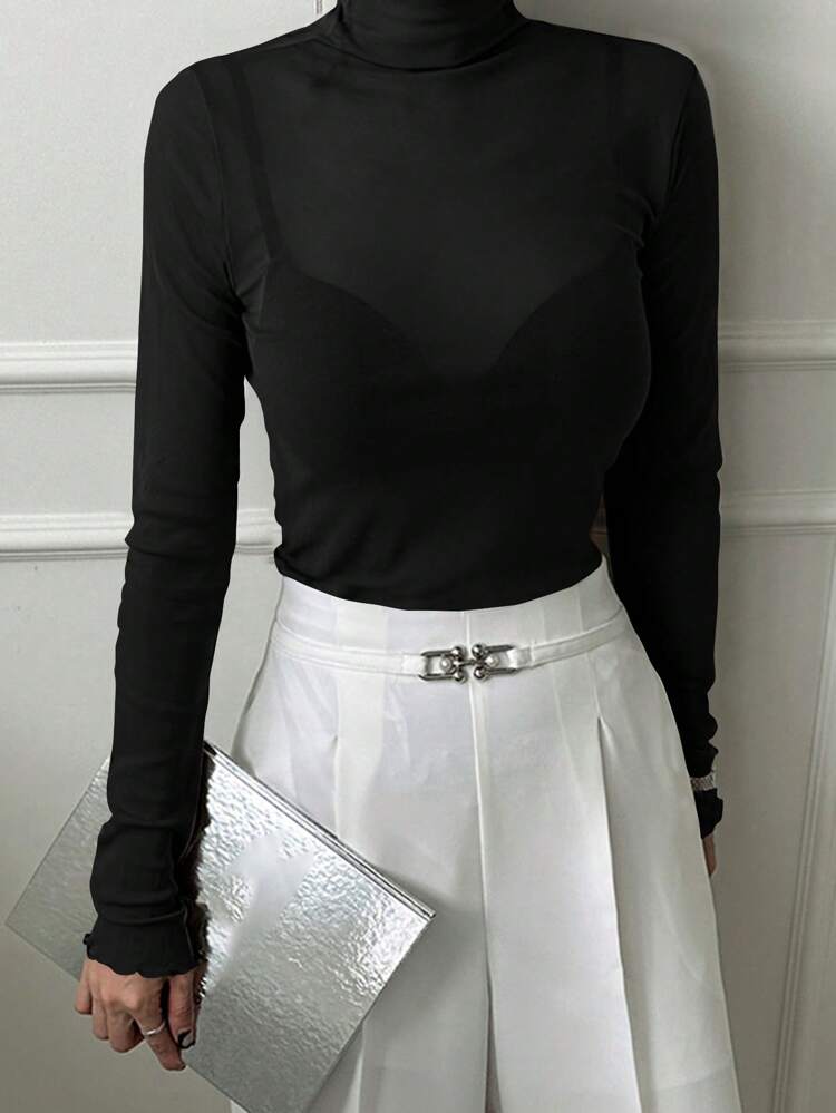 Women's Solid Color Frill Trim Mock Neck Fitted Slimming T-Shirt, Coffee Brown, 4 Season Wear Sheer,Fall Clothes Long Sleeve Women Tops Turtleneck Women