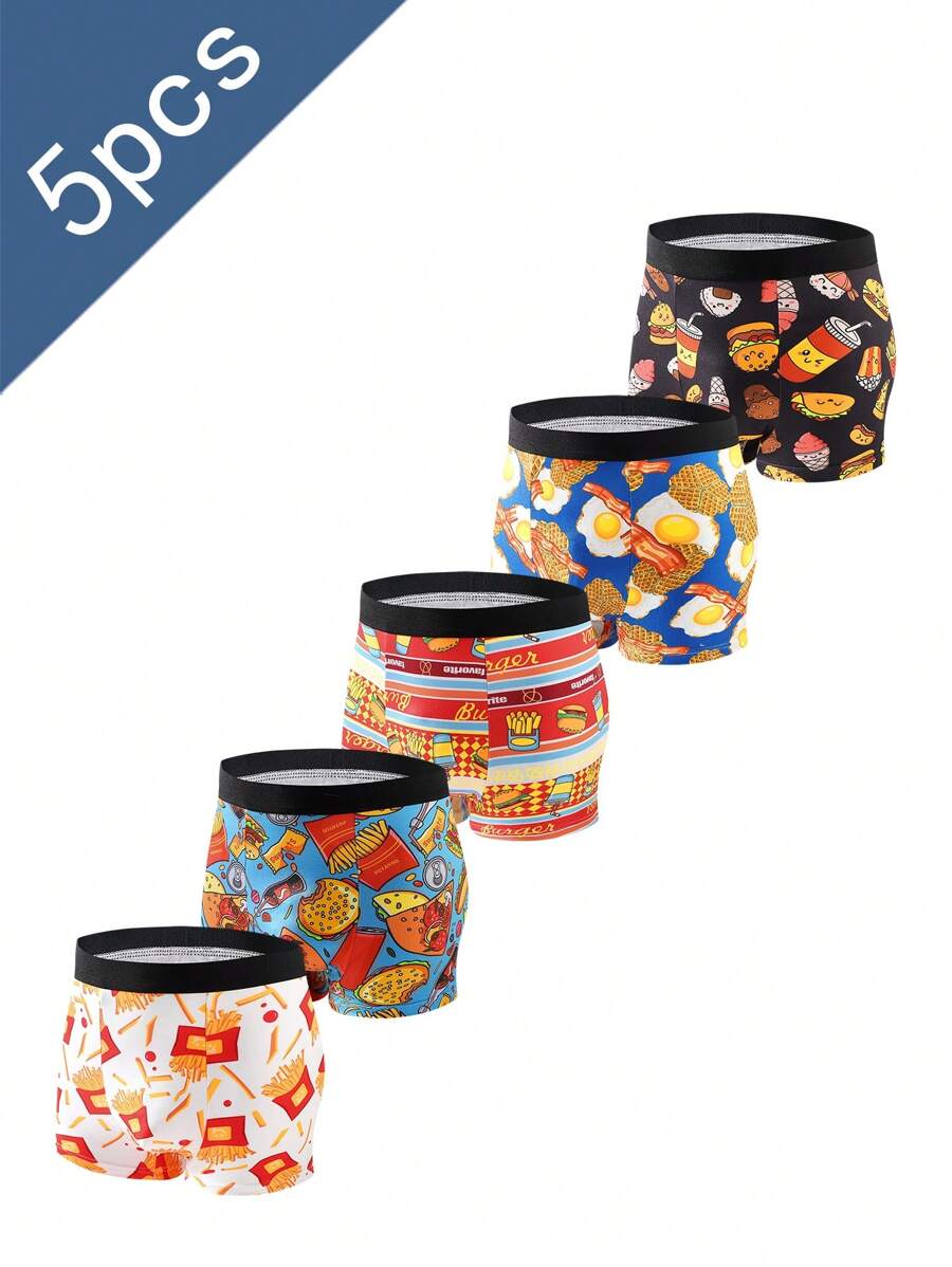 5pcs/Pack Boys Minimalist Fashion Food Elements Print Briefs