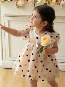 SHEIN Baby Girl Star Mesh Bow Cap Sleeve Cap Sleeve Dress, Comfortable Sweet Style, Featuring Luxurious & Elegant Design, Perfect For Outings - Apricot - View 7