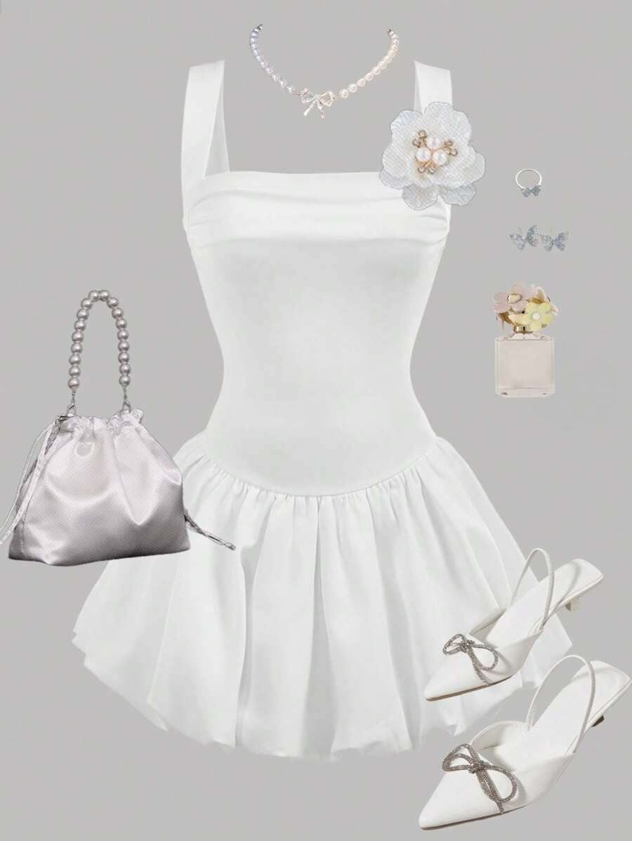 Girlism 少女派对，优雅的白色细肩带薄纱连衣裙，内置短款春秋娃娃裙，生日装 - 白色 - 查看 1