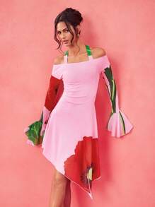 BELANGE HANDMADE Designer Pink Floral Halter Tie Neck Long Flared Sleeve Asymmetrical Hem Valentine's Day Dating Dress, Festival, Concert Outfit Spring Dresses For Women Festival Outfits For Women Cocktail Dresses Women Spring Dress Party Dresses For Women Cocktail Dresses, Rave, Pastel, Prom Dress
