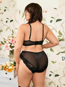 Rose Floral Rustic Romantic Digital Printing Patchwork High Waist Enveloping Panty + Padded Wire-Free Bra 2pcs Lingerie Set, Comfortable, Lift, Plus Size - Black - View 2