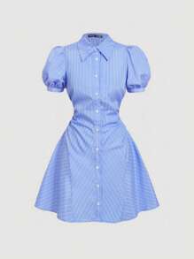 SHEIN MOD Robe à manches bouffantes rayées bleu et blanc avec taille froncée