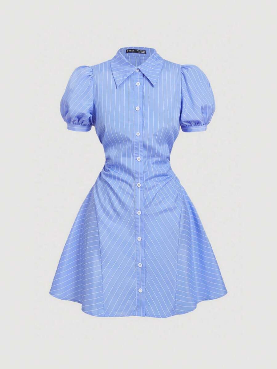SHEIN MOD Robe à manches bouffantes rayées bleu et blanc avec taille froncée