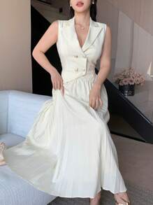 DAZY 纯色西装背心和百褶裙女士套装，适合职业女性穿着，商务休闲。 - 米色 - 查看 1