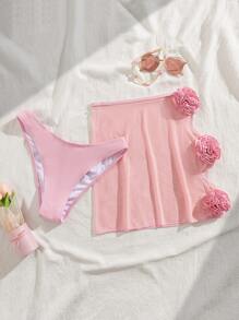 Swim EVENT 2 stuks Spring Break roze bloemen muziek festival casual strandvakantie cover-up jurk, mini rok badmode bikini broekje set voor vrouwen