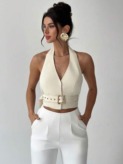 Firerie Top de mujer de escote en V y tirantes en color albaricoque con cinturón, elegante/para trabajo/casual/vacaciones/fiesta/cita/sexy