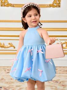 SHEIN Leap Crew Vestido de festa elegante sem mangas para meninas, com laço rosa e decoração de laço, saia de lanterna de bolhas, tecido de cetim, para aniversário, recepção, casamento - Azul - Ver 6
