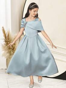 SHEIN Tween Girl Asymmetrical Neckline Short Sleeve Rhinestone Decor Elegant Dress - Green - View 1