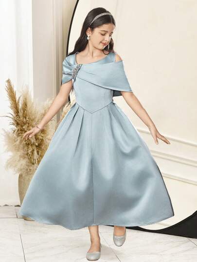 SHEIN Tween Girl 不对称领口短袖水钻装饰优雅连衣裙