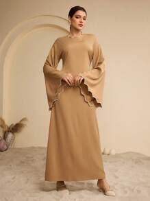 Graceveil Women's Embroidered Bell Sleeve Modest Elegant Wrap Waist Arabic Style Dress
