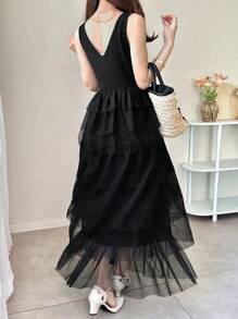 FRIFUL Vestido negro largo y entallado de malla con silueta A, vestido de fiesta, vestido de invitada para bodas, conjunto formal de vacaciones para mujer, vestido de verano elegante