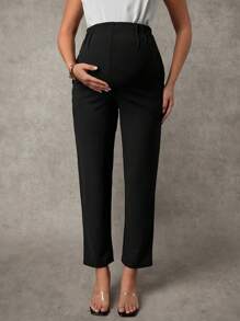 MaterniChic Maternity Solid Color Pocket Adjustable Waist Straight Leg Casual Pants - Black - View 7