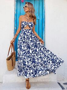 Vivid Eden Vrouwen vakantie bloemenprint cutout hals jurk
