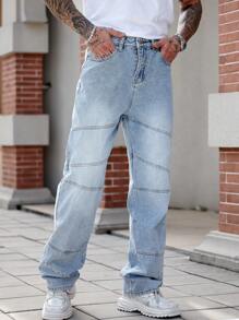 Manfinity Homme Pantalones vaqueros anchos con bolsillos y botones delanteros, de estilo casual y suelto para hombres - Lavado ligero - Ver 4