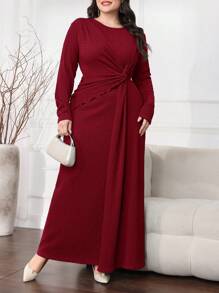 Modelyn Plus Size Elegant Solid Color Twist Knot Long Dress - Burgundy - View 4