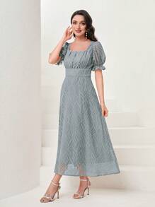 Modelyn Women's Square Neck Short Puff Sleeve Ruffle Elegant Long Dress - Mint Blue - View 3